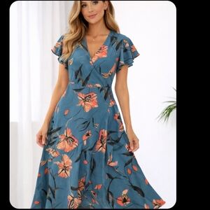 a new day Blue and Pink Floral Midi Dress